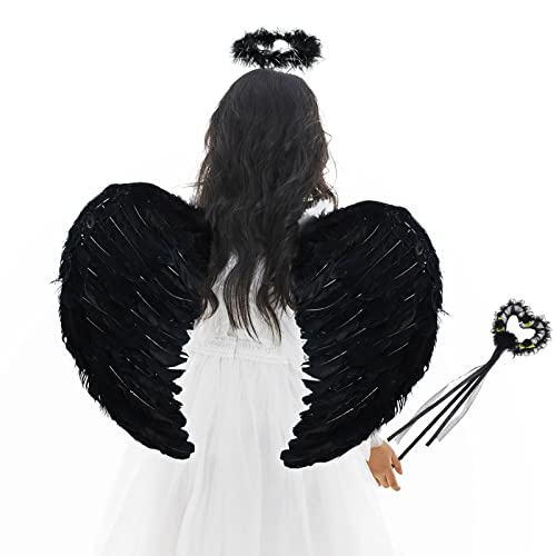 DAOUZL Ailes d'ange, Ailes et auréole d'ange Baguette Magique, Ailes d'anges Plumes, Costume de fête Fancy Dress, Ailes Noire, Aile Ange Noir pour Carnaval,Fête Costumée,Cosplay,Halloween Cover