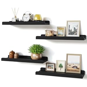 Love-KANKEI Black Floating Shelves for Wall Set of 4, Wood Wall Shelves with Lip,15.6 Inch Rustic Hanging Shelves for Bedroom Bathroom Living Room Kitchen Nursery Display
