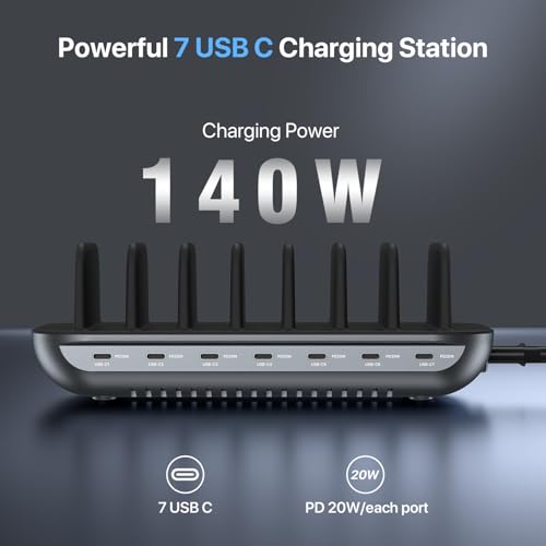 Image of SooPii Premium 140W 7-Port USB C Charging Station for Multiple Devices, Each PD 20W Fast Charging for Phone and Tablet,7 Mixed Cables Included,Black