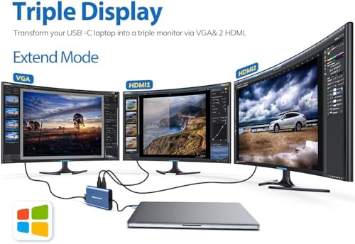 Image of Hiearcool USB C Docking Station, 11-in-1 Dock, HDMI, VGA, Ethernet, Blue