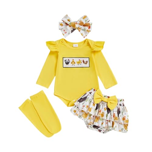 KMBANGI Newborn Toddler Baby Girl Farm Outfits Ruffle Sleeves Chick Smocked Romper Tutu Skirt Stockings Headband Cute Clothes