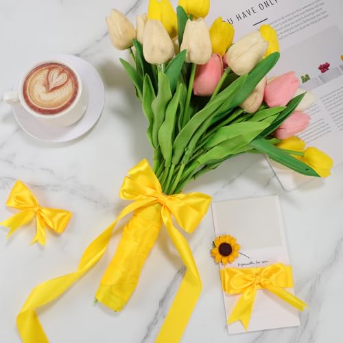 Image of woric Yellow Ribbon 1 Inch 50 Yards Fall Satin Ribbon | Gift Wrapping Baskets Bows Bouquet Crafts Fall Decor Harvest Party