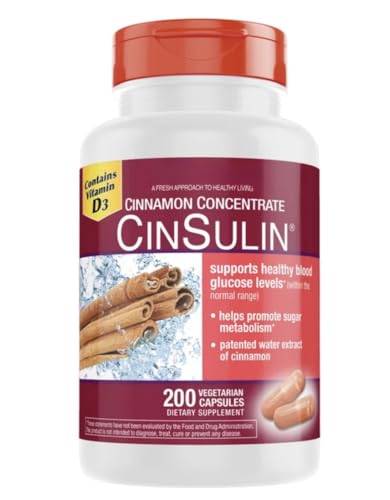 Cinnamon CIN-Sullin Concentrate 200 Vegetarian Capsules Blood Glucose Support with Vitamin D3