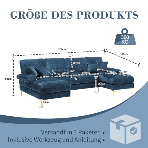 Sapgaks Sektionalsofa in U-Form, modernes Schlafsofa, 4-Sitzer, gepolstertes Möbelstück, modernes Design, Chenille-Stoff (blau) – Bild 3