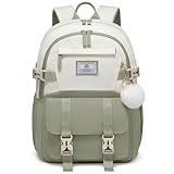 LOVEVOOK Schulrucksack Teenager Mädchen 10-18 Jahre, Rucksack Damen mit Großem Flaschenfach, Multi-Tasche Schulranzen Schultasche, Wasserdicht School Bag 15,6 Zoll Laptop für Schule Uni, Grün Beige