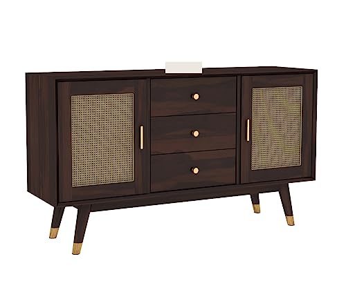 Image of Solid Sheesham Wood Wooden Sideboard Storage Cabinet : Ideal for Living Room and Bedroom with 3 Drawers and 4-Shelf Storage (Iriana, Walnut Finish)