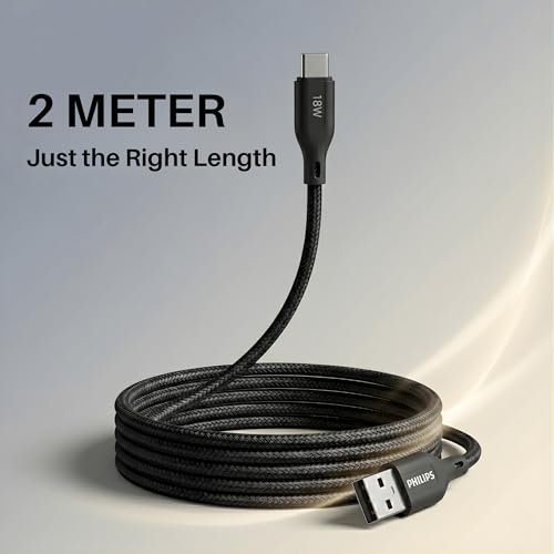 Image of PHILIPS DLC4160AB /94 18W Type-A to Type-C Fast Charging Cable (2m, Dark Slate) | Nylon Braided | Compatible with iPhone 15+ Series, USB-C iPad Models, Samsung Galaxy & All Type C Devices