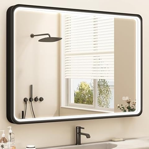 STARLEAD LED-Bathroom-Mirror-with-Lights, 28"x36" Wall-Mounted with Anti-Fog, 3 Colors Dimmable Light, Waterproof, Tempered Glass, Black Framed Cover