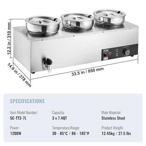 Image of VEVOR Electric Soup Warmer, Three 7.4QT Stainless Steel Round Pot 86~185F Adjustable Temp, 1200W Commercial Bain Marie with Anti-dry Burn and Reset Button, Soup Station for Restaurant, Buffet, Silver