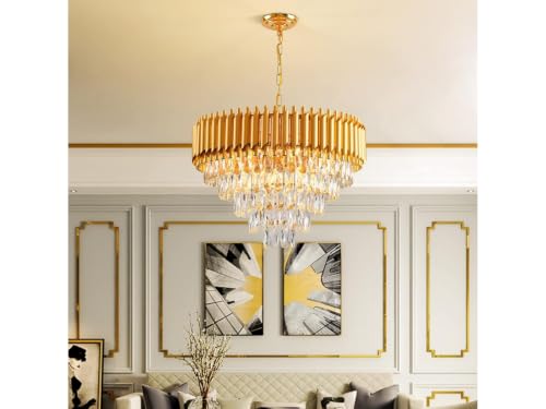 Image of Zingy Modern Gold Crystal Moving Chandelier, 600mm (60 Cm. (23.6 Inch) Round LED Pendant Light with Remote Control, Multicolour Changing,Luxury Contemporary Ceiling Light Fixture for Decoration A