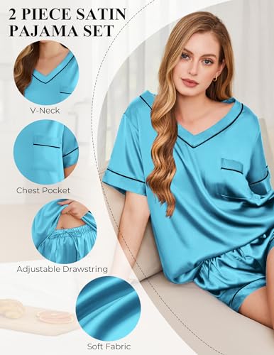 Image of Silk Pajamas for Women Short Sleeve Satin 2 Piece Pj Set Soft V Neck Sleepwear Loungewear, S-XXL