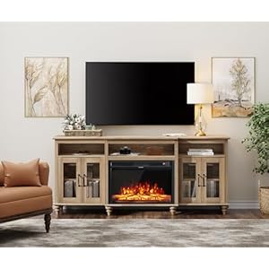 WAMPAT Farmhouse Fireplace TV Stand for 75 inch TV Highboy Entertainment Center with 26 Electric Fireplace Glass Door Cabinets Large TV Console Table with 7 Storages for Living Room Oak