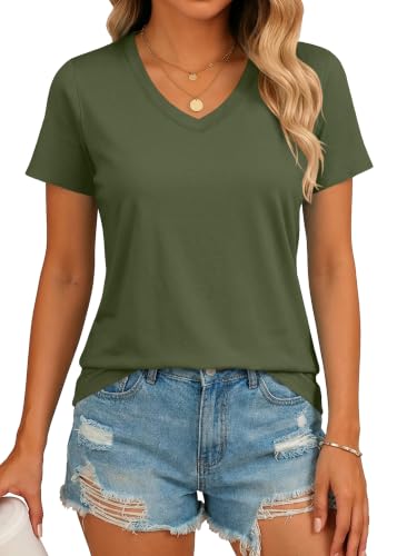 SMENG Vneck Tshirts Shirts for Women Short Sleeve Basic UPF 50+ Athletic Tees Casual Comfy Soft Summer Tops Army Green M