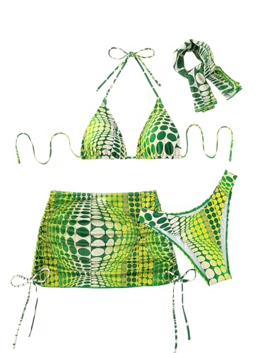 COZYEASE Women's 4 Piece Swimsuits Sexy Bikini Sets Triangle Bathing Suit with Mesh Cover Up Beach Skirt & Bandana Green M