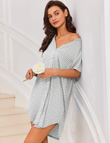 Image of Ekouaer Women V Neck Button Down Nightgown