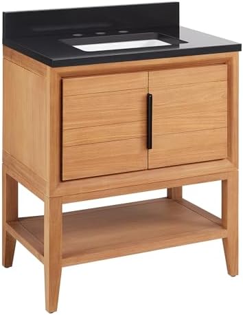 Signature Hardware 955226-30-rumb Aliso 30" Console Teak Single Basin Vanity Set with Cabinet, Vanity Top, and Rectangular Undermount Sink - No Faucet Holes - Natural Teak/Carbon Black