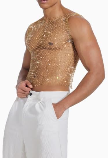 Daring Men's Mesh Vest with Glitter Rhinestones – Sheer Sparkling Top for Statement Style - Image 2