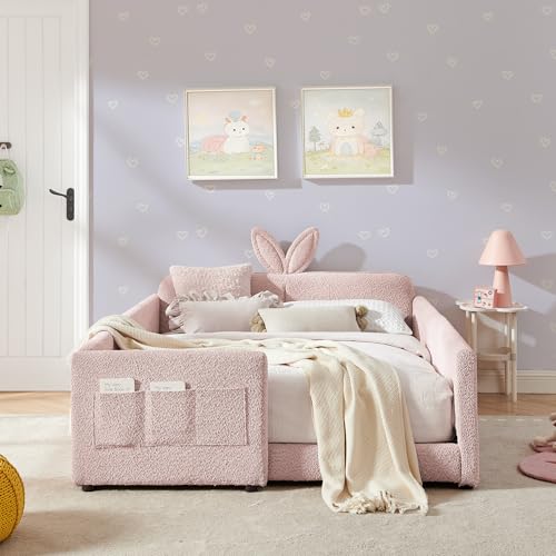KEIKI Full Size Upholstered Platform Bed Frame with Cute Rabbit Ear Shaped Headboard and Pocket for Boys and Girls Platform Bed with Guardrail and Slats No Box Spring Required Easy Assembly Pink