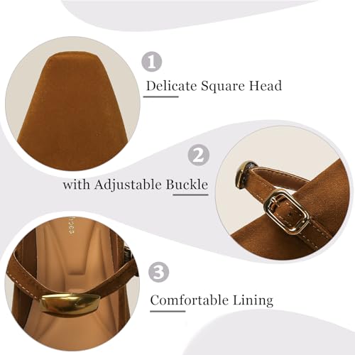 Women's Suede Square Toe Low Chunky Heel Mary Janes with Adjustable Buckle Fashion Metal Decoration Comfortable Non-Slip Slip On Pumps for Dress Party Wedding Work4
