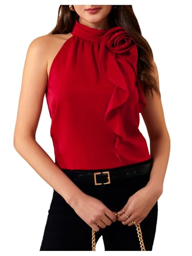 RoseSeek Women's Summer Halter Tops Floral Appliques Sleeveless Work Shirts