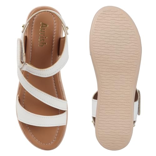 Image of Aurish Women's Flats Sandal, Flats Sandal (White, UK Footwear Size System, Adult, Women, Numeric, Medium, 6)