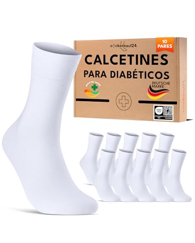 sockenkauf24 Calcetines Diabéticos Hombre 43-46 sin Elástico y sin Costuras con Cintura de Confort Algodón Blanco 10 Pares