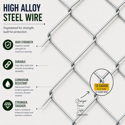 Image of Fencing Wire | Fencing Net| Heavy Duty Galvanized Chain Link Fencing Net | 5 Ft Height x 50 Ft Roll | 12 Gauge (2.5 mm) | 3 inchx3 inch Mesh | Farm, Garden, Boundary & Security Fencing Wire