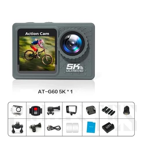 新しいアクションカメラ 5K 4K 60FPS WiFi 手ぶれ補正デュアルスクリーン 170° 広角 30m 防水スポーツカメラ リモコン付き(64G,AT-G60 -B)