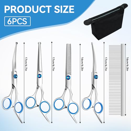 6 Pieces Dog Grooming Curved Scissor for Dog Professional Pet Grooming Scissors with Safety Round Tip Stainless Steel Pet Hair Trimming Scissors Set with Storage Bag - Image 3