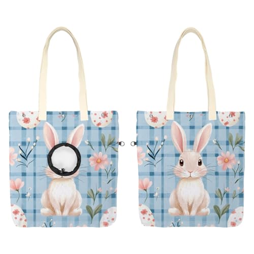 Pet Canvas Shoulder Bag Soft-Sided,Dog Purse Carrier for Small Dogs and Cats, Portable Pet Handbag with Adjustable Hole, Pet Washable Travel Tote Bag,Blue Checked Easter Bunny 19.3''x16.5''