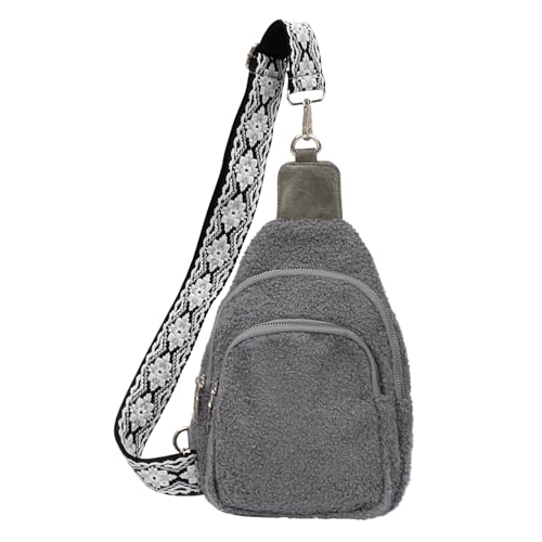 Sherpa Fleece Crossbody Sling Backpack Small Travel Fanny Pack Chest Bag Multipurpose Hiking Daypack (Grey)