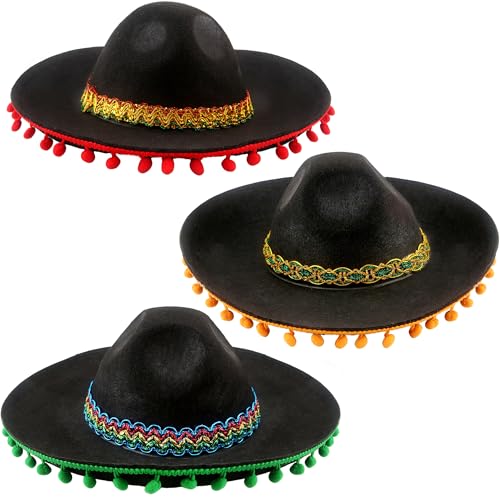 Cagemoga 3 Pack Mexican Sombrero Hat Black Felt Fiesta Large Sombrero Hat with Ball Fringe for Fiesta Mexican theme Party Outfit Accessories