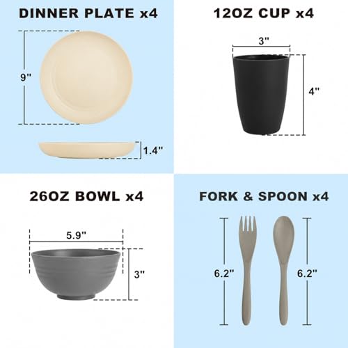Image of Wheat Straw Dinnerware Sets 20 PCS - Unbreakable Plates and Bowls Set | Plastic Dishes Set for 4, Lightweight Camp Dishes for Outdoor and Family Gatherings.