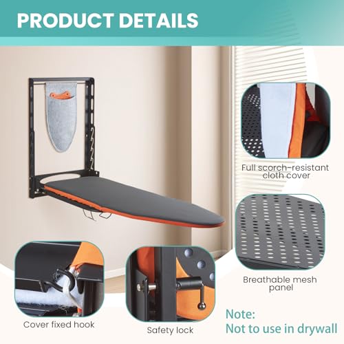 Wall Mounted Ironing Board with Iron Holder, 36 X 13 Compact Mount Foldable Ironing Board for Small Spaces, Space Saving with Cotton Fabric Cover and Silicone Iron Rest - Image 2