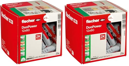 Image of fischer DuoPower 12 x 60, Powerful Universal Plug, Intelligent 2-Component Technology for fastenings in Concrete, Bricks, Stone, etc., 25 Plugs Without Screws (Pack of 2)
