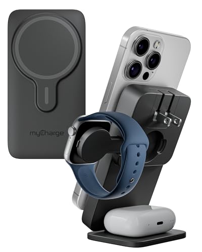 myCharge EcoHub 3-in-1 Magnetic Wireless Charger & Battery Pack for iPhone iWatch AirPods - 6 000mAh Battery | Built-in Wall Plug | 15W Magsafe Wireless Output | Foldable | Charging Station | Black