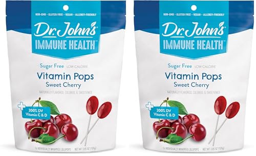 Dr. John’s Oral Health Sugar Free Candy, Healthy Vitamin Pops with Zero Sugar, Low Calorie Snacks, Keto Friendly Hard Candy Sweets, Sweet Cherry, 14 Count, 3.85 OZ (Pack of 2)