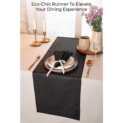 D'moksha Black Table Runner 14 X 60 Inch, 100% Pure Linen Hemstitch Coffee Table Runner 60 Inches, Halloween Table Runner, Perfect For Wedding, Party, Outdoor, Easy Care Machine Washable #TOP1