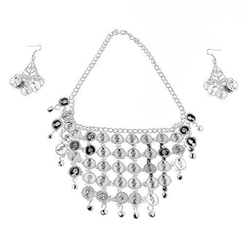REINDEAR Belly Dance Accessories Gold/Silver Coins Necklace & Earrings Bracelets US Seller (Silver 3 Pcs (1 Necklace + 2 Earrings))