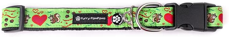 Squirrel Dog Collar by Furry PawPaws - Black and Green Squirrel Dog Collar with a Unique Tag Ring for Tags, Pendants and Accessories Suitable for Walking, Training, Running (Small)
