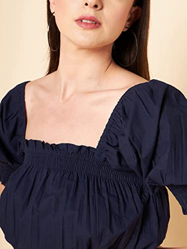 Image of HIGH Star Women's Square Neck Puff Sleeve Pure Cotton Slim Fit Blouson Top