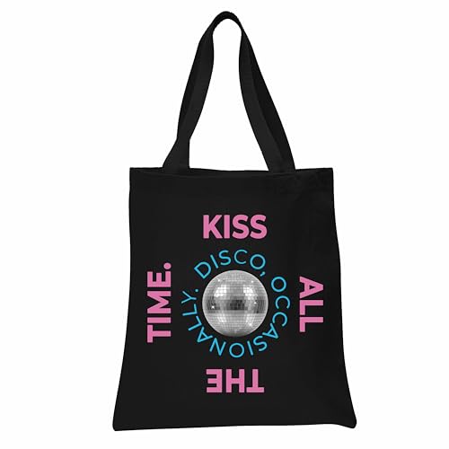 FULLY MERCHED Kiss All The Time Disco Occasionally Funny Retro Dance Novelty Tote Bag (Black)