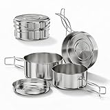 Bestargot Kochtopf Camping Kochgeschirr Set aus Edelstahl 304,4-teiliges Camping Topf Pfanne Set,Faltbar und Stapelbar Camping Topfset,Outdoor Kochset für Camping Wandern Picknick