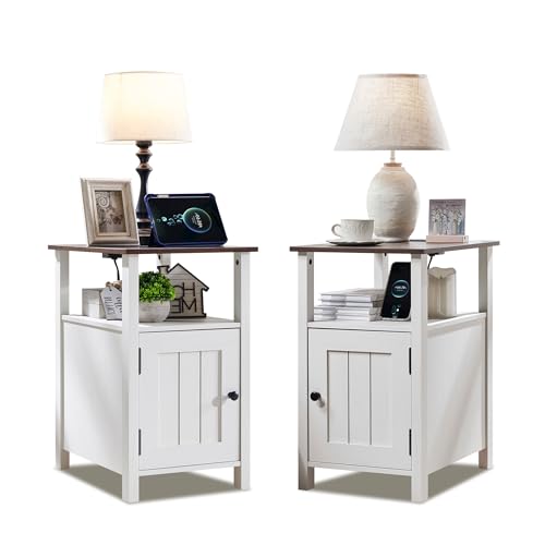 Image of IFBUY Farmhouse Nightstands Set of 2, Narrow Bedside Table with Charging Station, Night Stand Set 2 with Storage & Open Shelf, End Tables w /Groove Barn Door for Bedroom, Living Room-Antique White