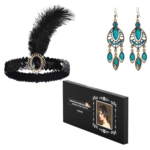Roontin 8 Pack 1920s Flapper Headband Accessories Set, Vintage Flapper Feather Headband, Black Long Gloves, Pearl Necklace, Great Gatsby Costume Accessories, Retro Style Hair Accessories, V5