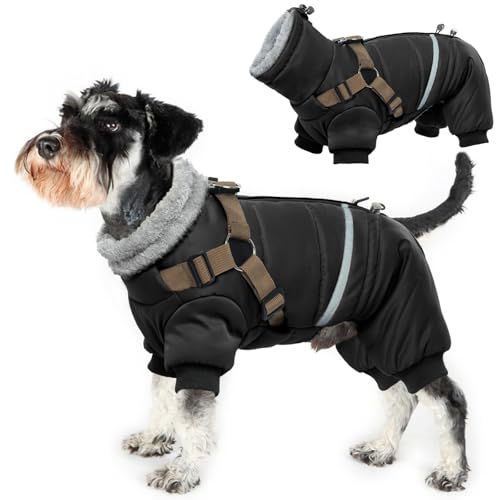 Hundemantel Winter, Wasserdicht Hundejacken mit 4-Beinige Hunde Winterweste Warm Winddicht Hundejacke Fleece Reflektierend Winterjacken Mit Brustgurt Gurt & D-Ringen(Schwarz, L)