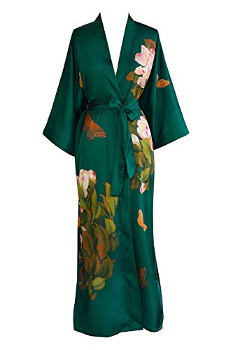 OLDSHANGHAI Luxury Kimono Robe for Women | Long Floral Robe | Peony & Butterfly Emerald | Original Design | Removable Waist Tie Closure | Soft Lightweight Fabric | One Size