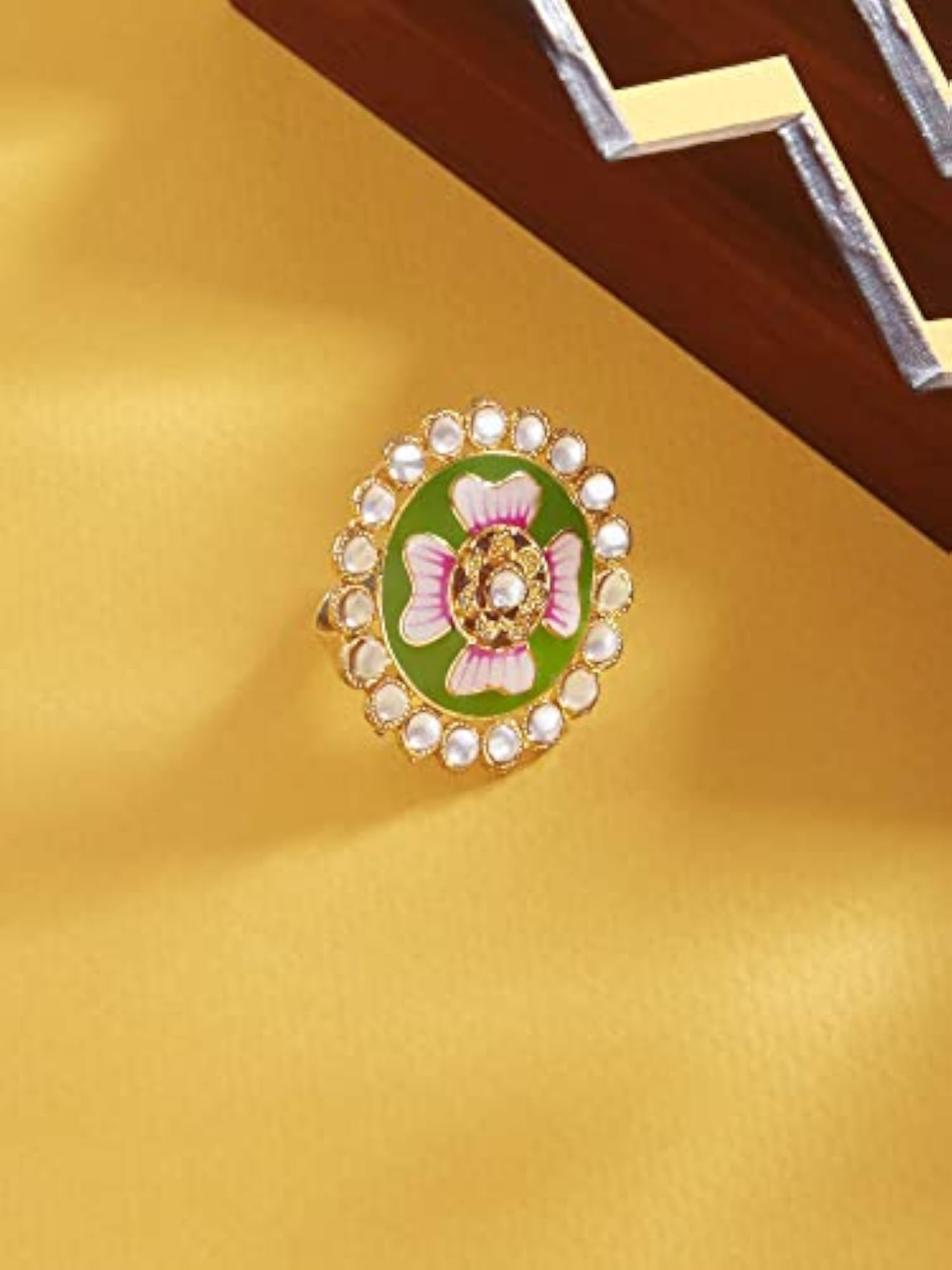 Meenakari Flower Kundan Adjustable Ring For Women