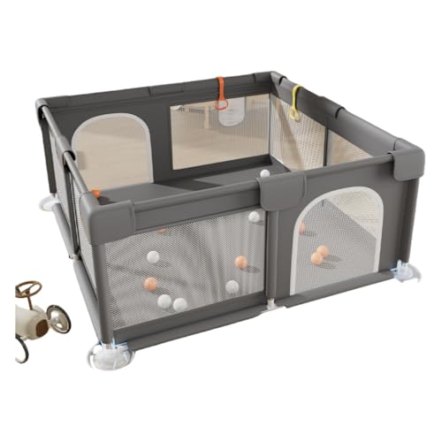 ガードレール付きベビープレイペン(ベビーマット付き)、室内でも屋外でも遊べる大型プレイペン、頑丈、滑り止め、安全な遊び場、洗える、楽しく安全に遊べる広いスペース、メッシュベビープレイペン、自立型、ベビーゲート、円形、軽量 (グレー,120*180)