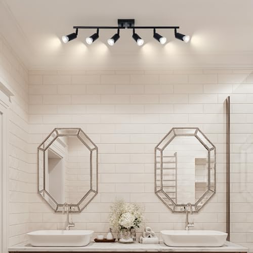 Image of 6-Light Kitchen Track Lighting, Black Adjustable GU10 Track Ceiling Light Kit, Industrial Flush Mount Ceiling Spotlight Fixture for Hallway, Dining Room